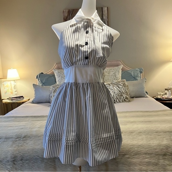 Sea New York Dresses & Skirts - SEA NEW YORK White Gray Stripped 2 Dress Cotton Halter Bow Tie Collar Backless